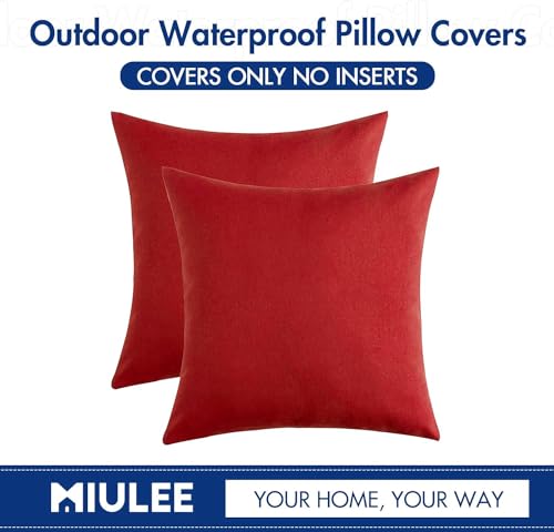 MIULEE Pack of 2 Decorative Christmas Outdoor Solid Waterproof Throw Pillow Covers Linen Garden Farmhouse Cushion Cases for Patio Tent Balcony Couch Sofa 18x18 inch Red