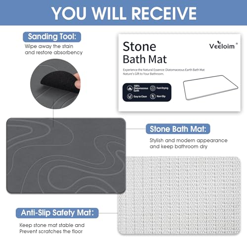 Veeloim Stone Bath Mat Diatomaceous Earth Bath Mat Super Absorbent Stone Bath Mats for Bathroom/Kitchen Counter Quick Drying Diatomite Bath Stone Mat Natural Non-Slip Easy to Clean(23.6×15.4")