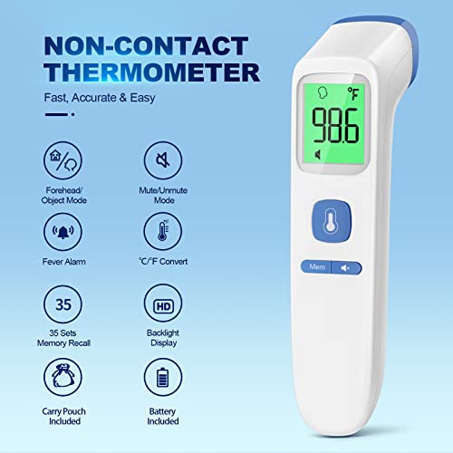 GoodBaby Non-Contact LCD Thermometer for Adults and Kids, Digital Forehead Thermometer with Fever Alarm, Silent Mode and 35-Set Memory, Object 2 in 1 Mode, FSA/HSA Eligible, Blue