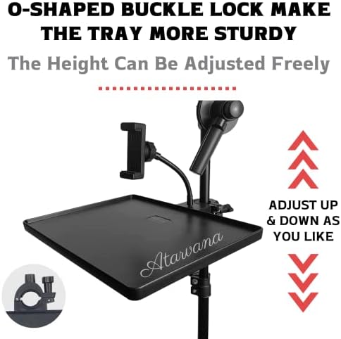 Universal Microphone Stand Tray with Phone Holder, Mic Stand Clamp-On Utility Shelf Rack Tray Holder for Music Sheet, Live Streaming, Live Broadcast, Karaoke, Recording, Music Stand Accessories