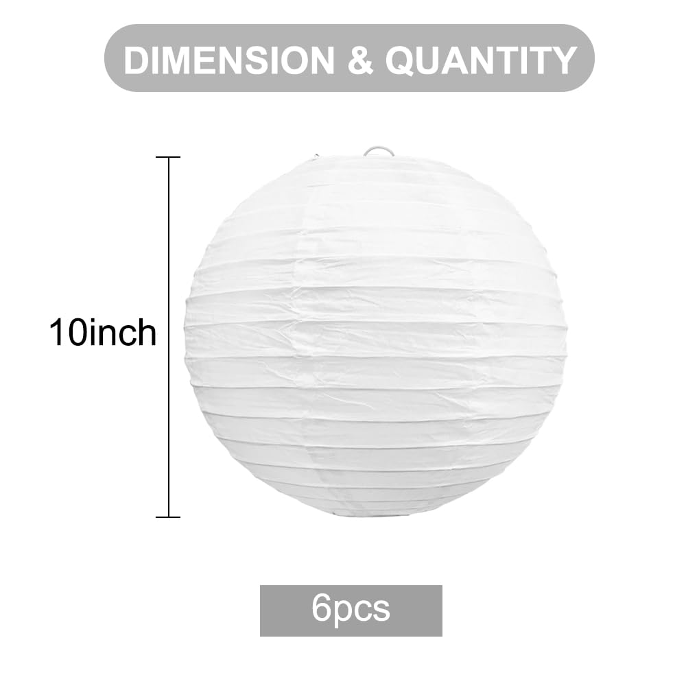BEISHIDA 10-Inch White Paper Lanterns Decorative Chinese/Japanese Hanging Round Paper Lanterns Lamp for Birthday, Wedding, Christmas, Bridal, Home Decor, Party Decoration (6 Packs)