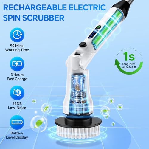 Electric Spin Scrubber, Shower Scrubber with Long Handle, IPX7 Waterproof Bathroom Cleaner Brush, Cordless Electric Cleaning Brush with 7 Replaceable Brush Heads, 2 Speeds Scrubber for Floor Tile Tub
