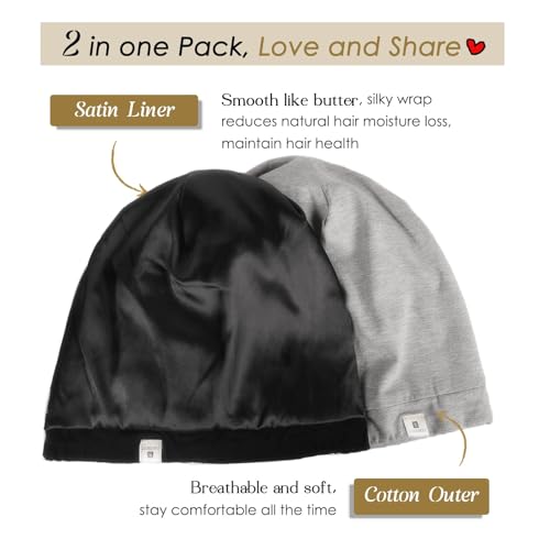 YANIBEST 2 Pcs Silk Bonnet Satin Bonnet Hair Bonnet for Sleeping- Adjustable Saty on Satin Lined Slouchy Beanie Hat for Women