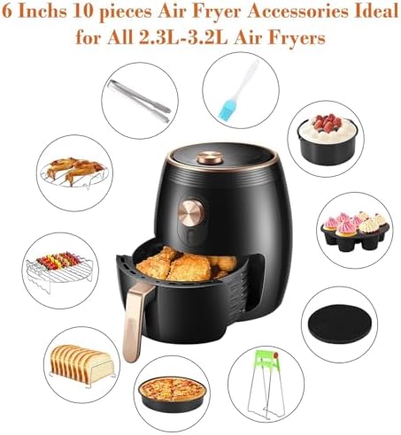 Air Fryer Accessories Set Fit for Gowise Gourmia Cozyna Ninja,Fit All 2.3qt-3.2qt Air Fryer,Kits with Skewers Silicone Mat,Pizza Pan,Cake Barrel,Non-Stick,Dishwasher Safe,Universal,6 Inch 10pcs,Black