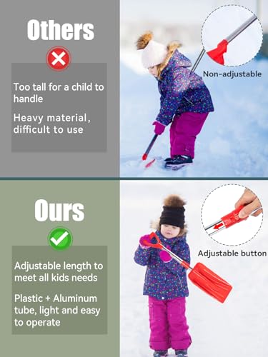 Adjustable Length Kids Snow Shovel with D-Grip Handle for Kids Outdoor Yard Garden Activities, 28.4-33.1 inch Plastic Snow Shovel Detachable, Red & Blue (Age 3+, 2 Packs)