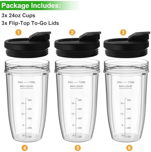 Blender Cups Replacement for Ninja, 24oz Ninja Blender Cups with To-Go Lids Compatible with Ninja BL450, BL456, BL480, BL2012, BL2013, BN401, BN751, BN801, SS101, SS151 (3 Pack)