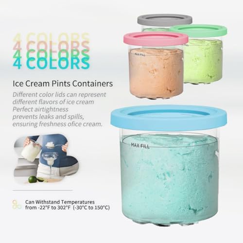 Containers Replacement for Ninja Creami 7-in-1 Pints and Lids -4 Pack 16 oz- Compatible with NC301, NC300 NC299AMZ Series-Leak Proof Lids Dishwasher Safe