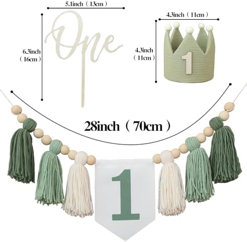 Wild One High Chair Banner For 1st Birthday Party Boy Decorations With Green Tassel Garland Crown Hat Cake Topper