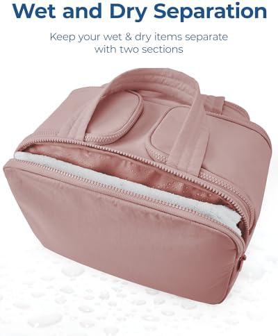 BAGSMART Travel Toiletry Bag, Lightweight Large Wide-open Travel Bag for Women, Puffy Cosmetic Makeup Bag Organizer with Handle for Accessories,Essentials, Toiletries, Dark Pink