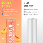 GORGIE Sugar Free Natural Energy Drinks, Sparkling Peach Tea (12 Pack) - Healthy Energy Drinks - Natural Coffee Replacement with Green Tea Caffeine and Biotin - 150mg Caffeine, Vegan, & Low Calorie