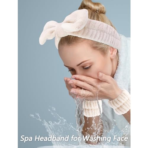 VELSCRUN 5 Pcs Khaki Puffy Sponge Spa Headband Bow Tie Hair Band Hair Clips Wristband Set, Spa Headbands for Wash Face, Makeup Headband, Facial Skincare Headbands Women Girls Hair Accessories Gifts