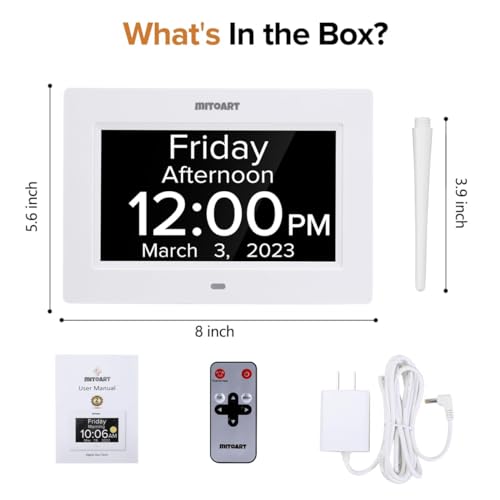 Mitoart Digital Calendar Day Alarm Clock, 7 Inches Dementia Clocks with 8 Alarms, Remote Control, and Push for Help Button, Gifts for Alzheimer, Elderly, Seniors or Impaired Vision(White).