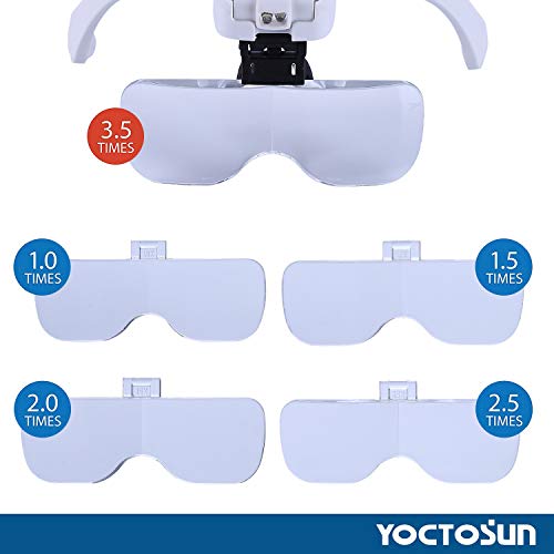 YOCTOSUN Magnifying Glasses with Light, Head Mount Magnifier with 5 Lenses, Headband, Storage Case, Hands Free LED Lighted Head Magnifying Visor for Close Work Hobby Crafts
