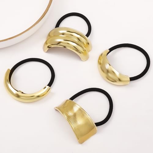 Hair Ties for Women, Gold Metal Hair Cuffs Hair Accessories Elastic Hair Ties Ponytail Cuff Hair Bands for Both Thick Hair and Thin Hair