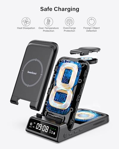 SwanScout Charging Station for Samsung S24 Ultra, SwanScout 703S, Wireless Charger for Samsung S24+/S24/S23 Ultra/S23/S22/Note 20, Galaxy Watch 6/6 Classic/5/4, Galaxy Buds 2 Pro/Pro (for Travel)