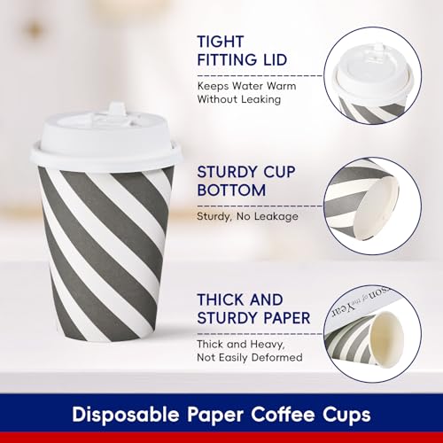 JOLLY CHEF 100 Pack 12 oz Paper Coffee Cups, Disposable Printed Drinking Cups with Lids for Home, Business, Restaurant and Cafe(Stripes and Grey)