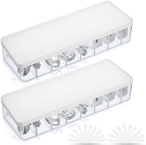 Tatuo 2 Pcs Cable Organizer with 20 Wire Ties, White Clear Plastic Cord Storage Box with Lid for Home Office Desk Organizers and Accessories