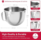 7 QT Stainless Steel Mixing Bowl with Lid for KITCHENAID BOWL-LIFT STAND MIXERS, Dishwasher Safe Replacement Bowl with Handle & Mixer Bowl Cover Set