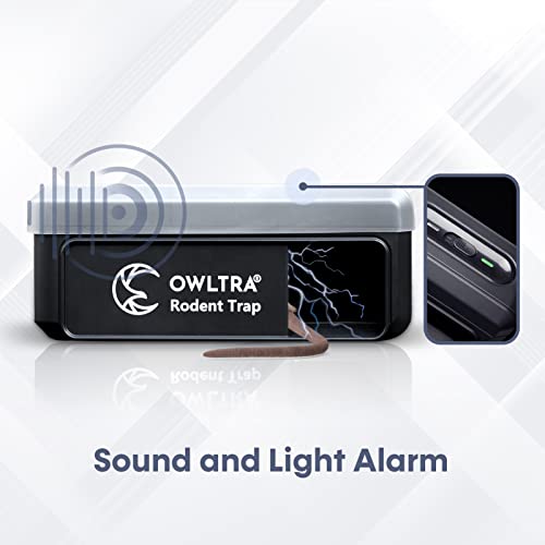 OWLTRA OW-7 in-/Outdoor Electric Rodent Trap, Instant Kill Mouse with Waterproof Cover, Sound & Light Alarm, and Batteries or USB Power Source, Waterproof Grade IPX4, Black