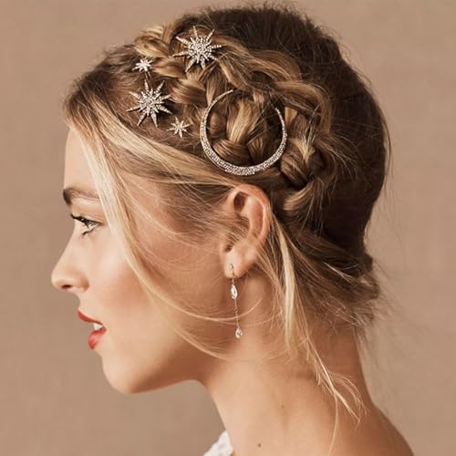 Bartosi Rhinestone Moon Hair Clips Star Hairpins Crystal Decorative Bobby Pins Retro Bride Wedding Hair Pins Side Clip Hair Accessories for Women and Girls (Pack of 3) (Bronze)