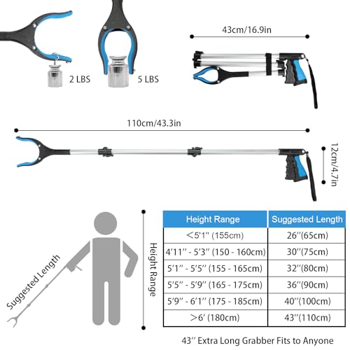 Housolution Reacher Grabber Tool, 43" Extra Long Grabbers for Elderly, Lightweight Handy Trash Claw Grabber with Magnets, Reaching Assist Tool for Trash Pick Up, Arm Extension, Litter Picker (Blue)