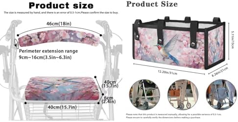 LedBack Mobility Scooter Accessories for 3 Pcs, Durable Rollator Walker Seat and Backrest Covers Cherry Blossom Hummingbirds Under Seat Rollator Walker Bag for Seniors