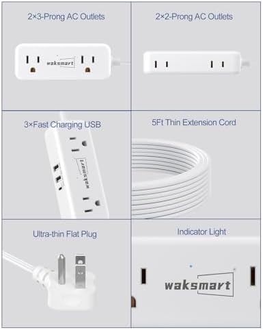 Flat Plug Power Strip - 5 Ft Thin Flat Extension Cord with 4 AC Outlets 3 USB Ports (5V/3.4A 17W), Flat Outlet Wall Plug Compact for College Dorm, Travel, Home, Office Desk Accessories