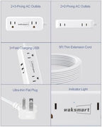 Flat Plug Power Strip - 5 Ft Thin Flat Extension Cord with 4 AC Outlets 3 USB Ports (5V/3.4A 17W), Flat Outlet Wall Plug Compact for College Dorm, Travel, Home, Office Desk Accessories
