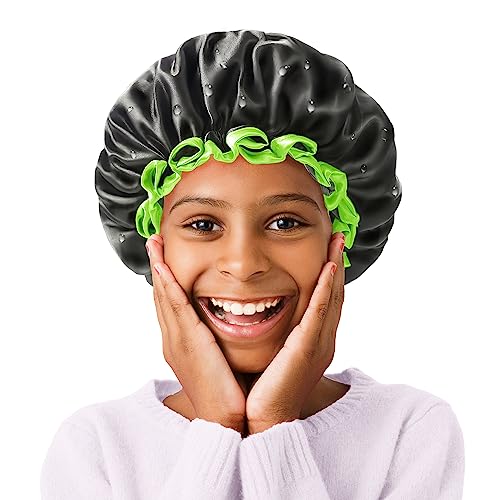 mikimini Black Shower Caps for Small Child 2 Packs, Double Layers Waterproof Bathing Hair Cap with Reusable Soft Comfortable PEVA Lining, Cute, non-fading & Stretchy Shower Hat