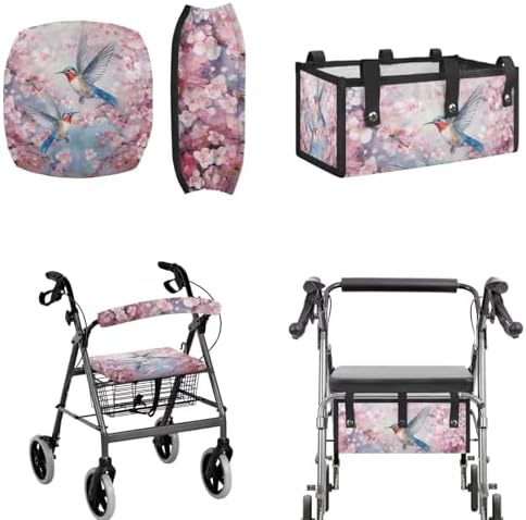 LedBack Mobility Scooter Accessories for 3 Pcs, Durable Rollator Walker Seat and Backrest Covers Cherry Blossom Hummingbirds Under Seat Rollator Walker Bag for Seniors
