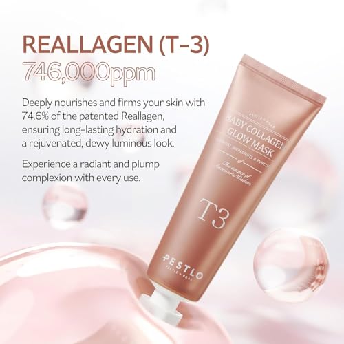PESTLO Baby Collagen Glow Mask - Korean Peel Off Mask Skincare Infused with Reallagen/T3 Vegan Collagen, Aginon, Volufiline, for Elasticity, Firmness, Glow Skin, and Optional Overnight Use