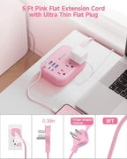 6 USB(3 USB C) Pink Power Strip- 5Ft Pink Extension Cord with 6 USB Charging Station 24W/4.8A and 3 Outlets, Pink Desk Accessories for Cruise Travel Pink Cute Kawaii College Dorm Desk Home Essentials