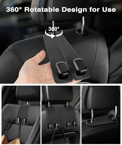 Car Hooks for Headrest, 2PCS Car Purse Hooks Luxurious leather 100% Metal Car Hangers for Seat Multifunctional Car Bag Hook Car Seat Back Storage Hook Accessories (Black)