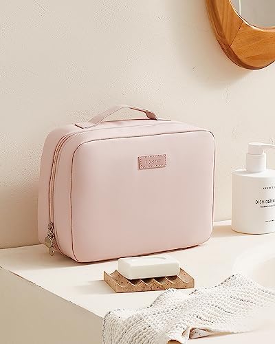 EACHY Travel Toiletry Bag with Hanging Hook, Portable Makeup Cosmetic Bags for Women, Water-Resistant Full-Size Travel Accessories (Pink)