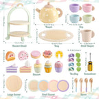 Wooden Tea Party Set for Little Girls Toddler Tea Set with Cupcake Stand & Food Dessert, Play Kitchen Accessories for Toddlers 2 3 4 5 6 Years Old, Wooden Toys Birthday Kids Girls Gifts 3-6