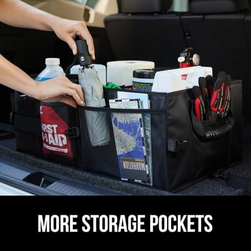 GORILLA GRIP Large Capacity Sturdy Trunk Storage Organizer, Slip and Water Resistant Collapsible Organization Container for Car Sedan or SUV, Multi Compartment Container Box Vehicle Accessories, Black