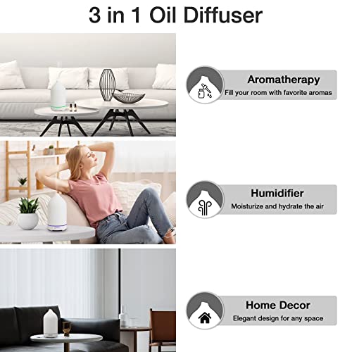 Essential Oil Diffuser Aromatherapy Diffuser - 100ml Ceramic Ultrasonic Cool Mist Aroma Diffuser, Whisper Quiet with Waterless Auto Shut-Off, 4 Timer Setting &7 Colors Night Light for Home Office