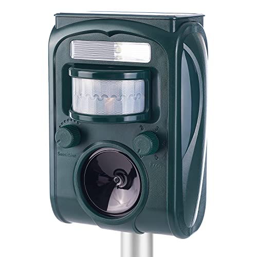 Bieuoky Solar Animal Repeller, Ultrasonic Repellent, Waterproof Motion Detection, LED Flashing Light, USB Rechargeable Aminal Repellent for Garden, Yard, Farm