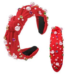Valentine’s Day Pearl Headband for Women Holiday Red Pink Crystal Jeweled Knotted Headband Red Wide Top Knot Headband Valentine’s Day Hair Accessories Gifts (Valentine -pearl Red)