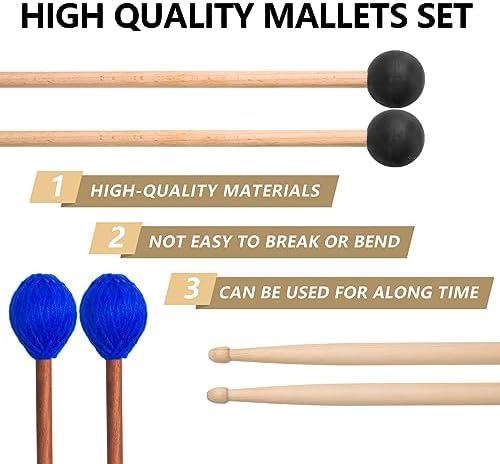 Drum Mallets Kit – 3 Pairs (Rubber, 5A, Marimba) with Drum sticks Bag, Percussion instrument Accessories for Steel Drum, Glockenspiel, Bass Drum, Cymbals, Xylophone Mallets for Beginners