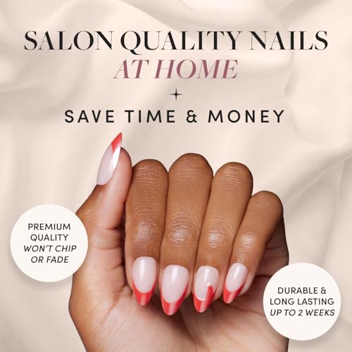 Glamnetic Press On Nails - Mrs. Claus | Semi-Transparent Red French Tip Santa Hat Short Almond False Nails, Reusable Stick On Fake Nails with Glue | Salon Quality | 15 Sizes - 30 Nail Kit