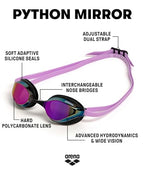 ARENA Unisex Adults Python Racing Swim Goggles for Men and Women Anti-Fog Mirror Lens Max Comfort Dual Strap, Violet/Black/Violet
