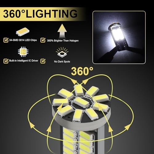 10 Pieces 194 LED Bulb Super Bright 6500K T10 168 2825 W5W 34-SMD 3014 Chipsets Replacement Bulbs for Car Trunk Interior Dome Map Door Dash Courtesy License Plate Lights - Xenon White