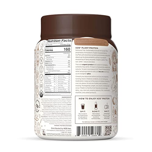 KOS Plant Based Protein Powder, Chocolate USDA Organic - Low Carb Pea Protein Blend, Vegan Superfood with Vitamins & Minerals - Keto, Soy, Dairy Free - Meal Replacement for Women & Men - 15 Servings