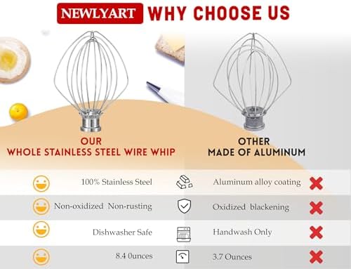 Stainless Steel Whisk Attachment Fits KitchenAid, 6 Wire Whip for 4.5 5 Quart KitchenAid Tilt-Head Stand Mixer，K45WW Kitchen Aid Accessories and Attachments Replacement Parts, Dishwasher Safe