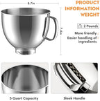 Cofun Stainless Steel Mixer Bowl For Kitchenaid Tilt-Head Stand Mixers 4.5-5 Quart, 5 qt Mixing Bowl Replacement For Kitchen aid With Anti-slip Handle, Polished