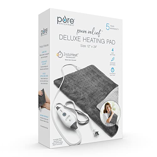 Pure Enrichment® PureRelief™ Deluxe Heating Pad (12" x 24"), Full Body Therapy Pad with 4 InstaHeat™ Settings, Soft Machine-Washable Microplush Fabric and 2-Hour Auto Safety Shut-Off (Gray)