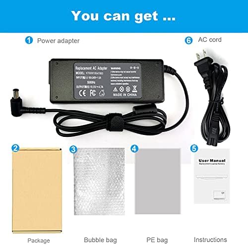 90W 19.5V 4.7A AC Adapter Laptop Charger Replacement for Sony Vaio PCG-3J1L VPCCW21FX VGN-CR240E VPCF236FM PCG-61A14L PCGA-AC19V10 VGP-AC19V10 VPCEH11FX SVE14118FXW VGN-A PCG-GRX VGN-AR Sony Bravia