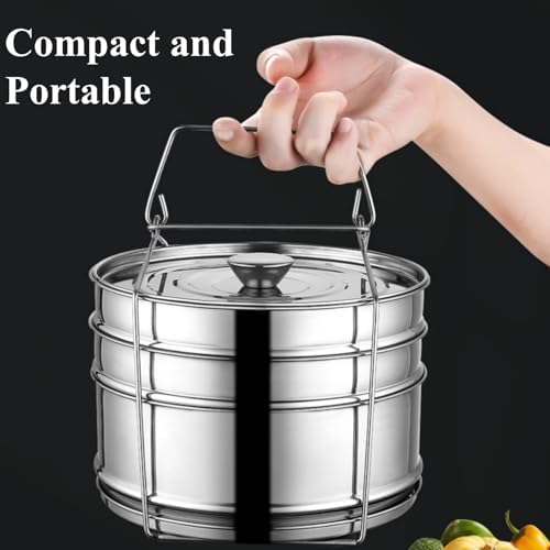 3 Tier Stackable Stainless Steel Insert Pans with Cooking Chip Portable Steamer Cooker with Basket Stand for 6QT Instant Pot Accessories Pot-in-Pot Cookware for Kitchen