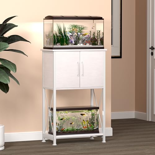 5-10 Gallon Fish Tank Stand, Metal Double Aquarium Stand with Cabinet for Fish Tank Accessories Storage, Heavy Duty 20.5" L* 11.02" W Tabletop, 500LBS Capacity White PG06YGW
